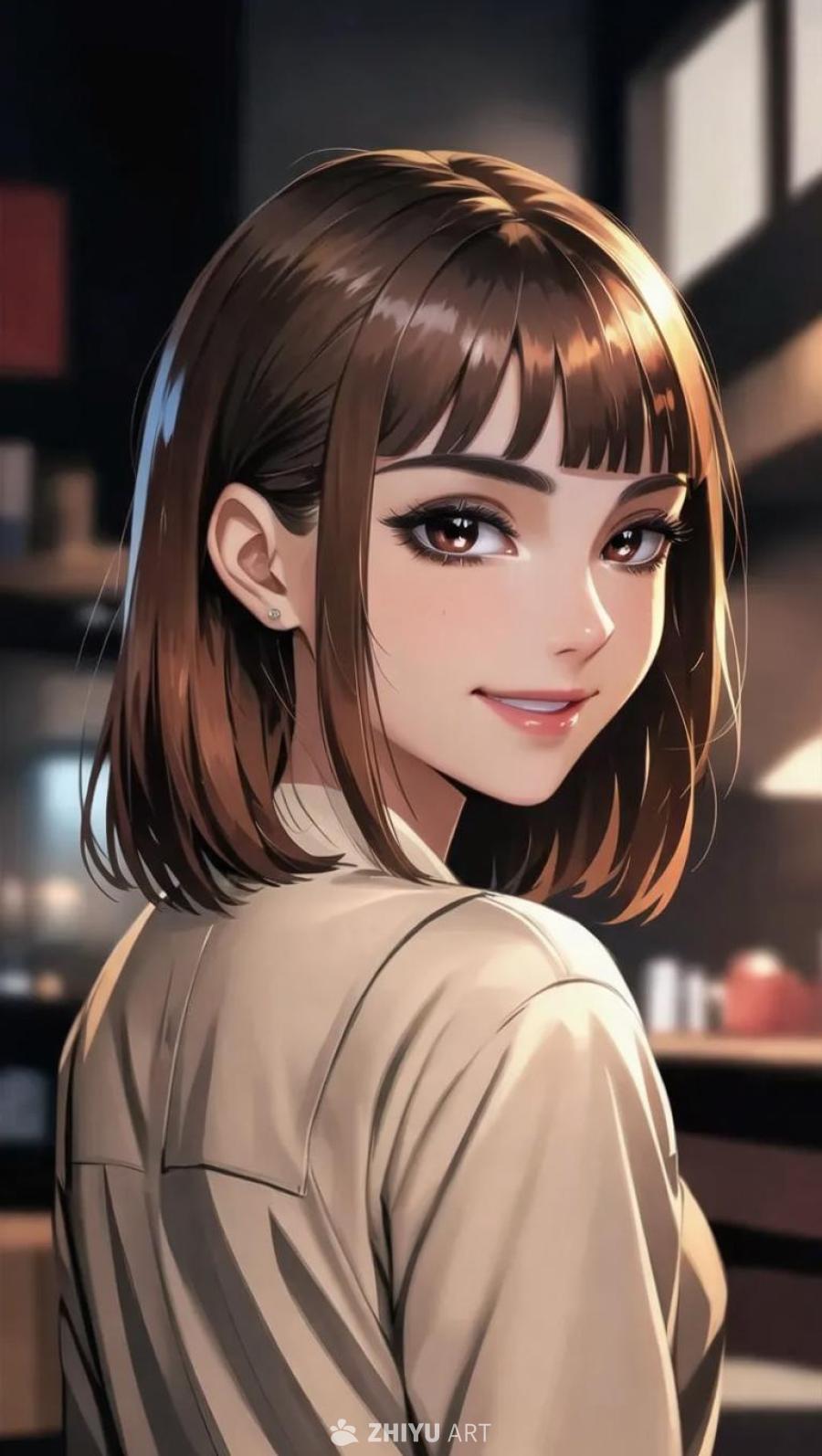 一位棕色直发的女性，画着淡眼线，棕色的眼睛，带着微