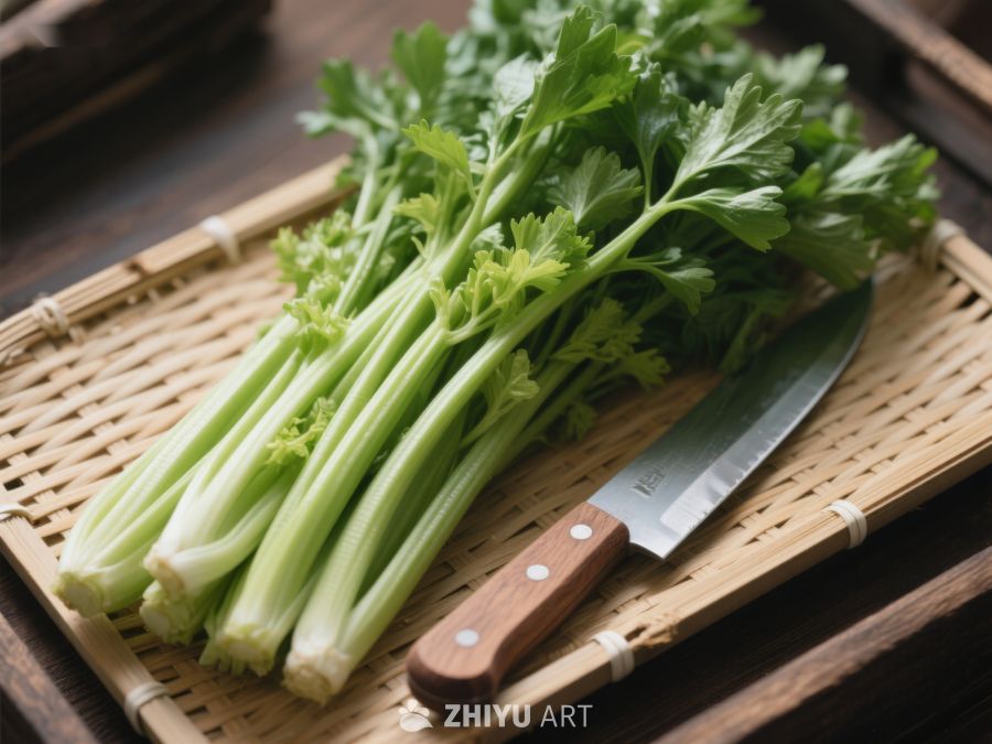 新鲜芹菜与刀具置于竹制砧板上 473