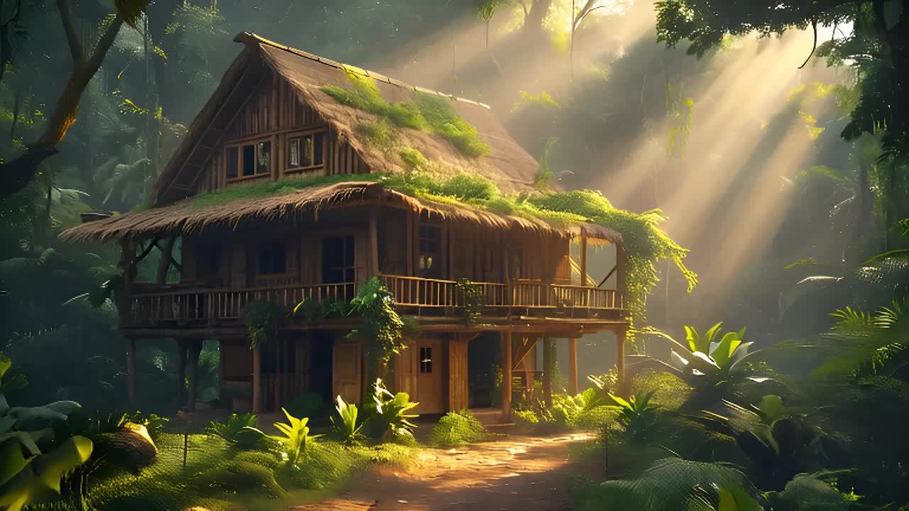 一座位于郁郁葱葱的森林中的两层木屋,屋顶覆盖着茅草