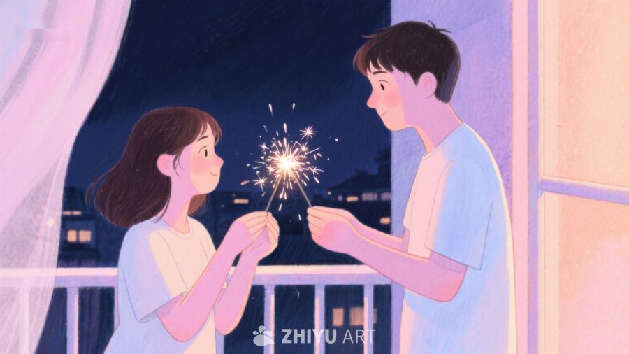 夜晚窗边的烟花互动 574