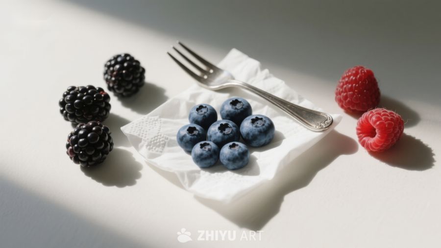 新鲜浆果与叉子的静物组合 701