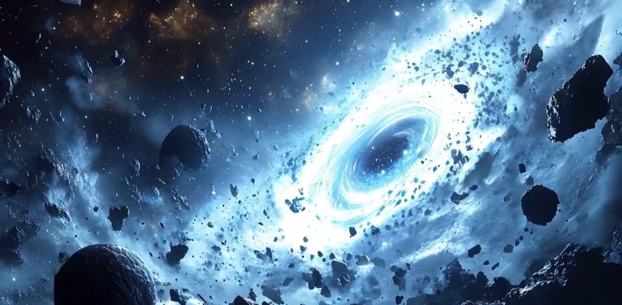 画面中心是一个巨大的蓝色能量旋涡，它正在旋转。围绕