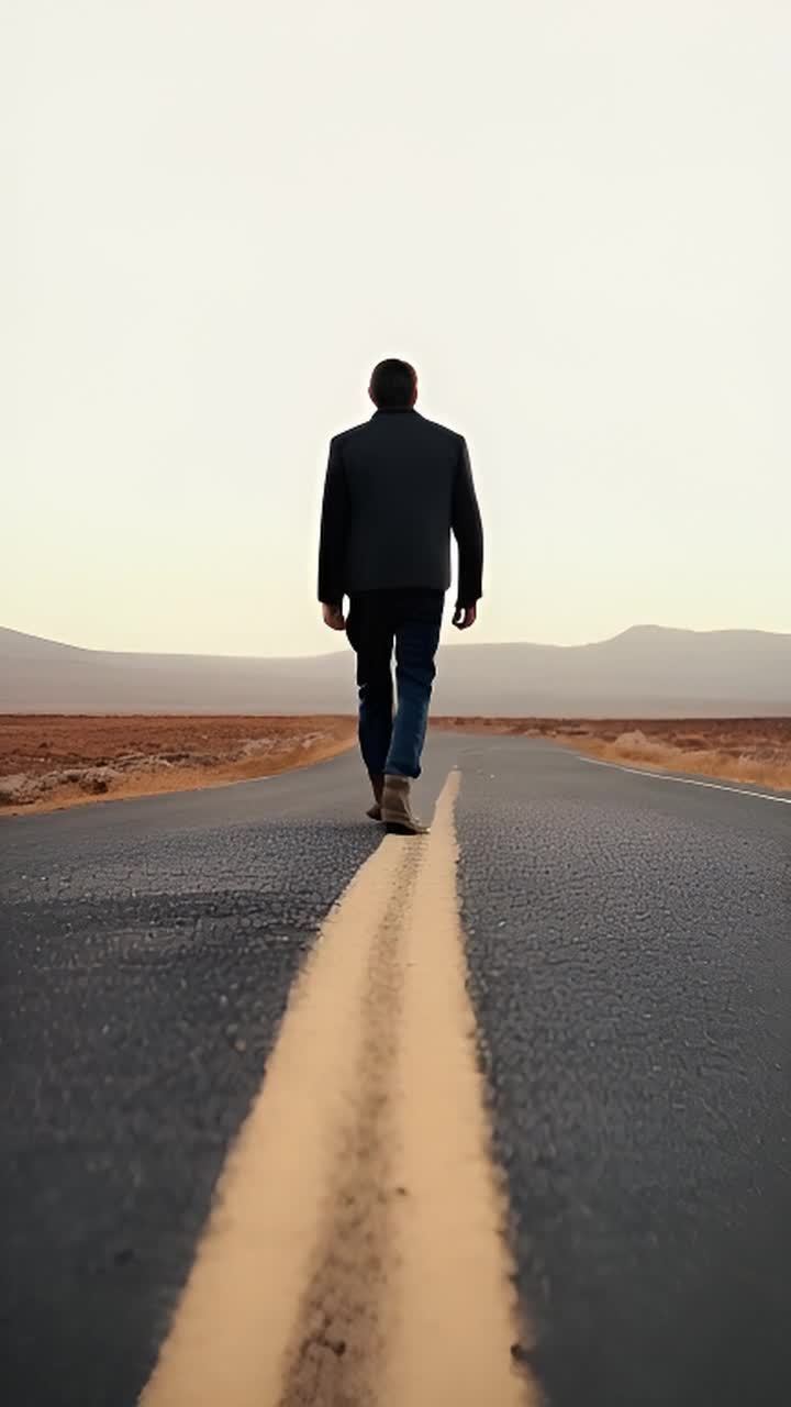 一个人沿着道路坚定地行走：一个孤独的男人大步走在荒
