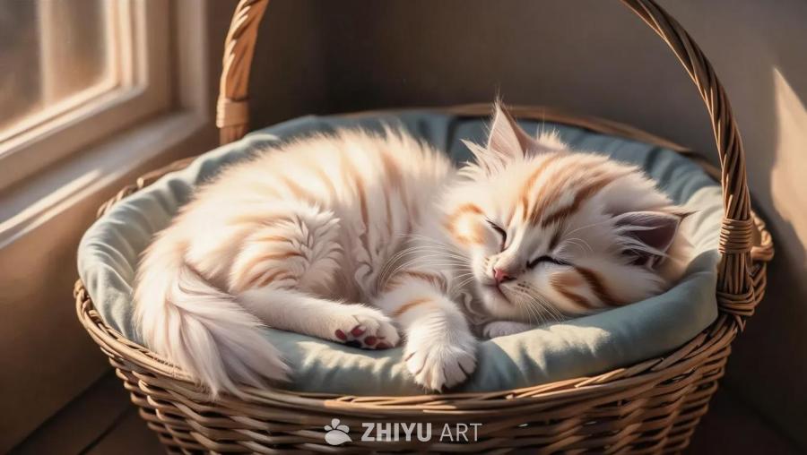 一只浅色虎斑小猫睡在一个篮子里，篮子里垫着蓝绿色的