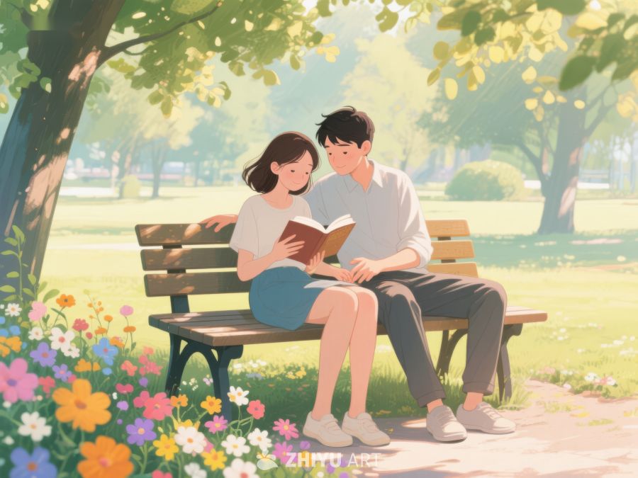 公园长椅上阅读的两人 200
