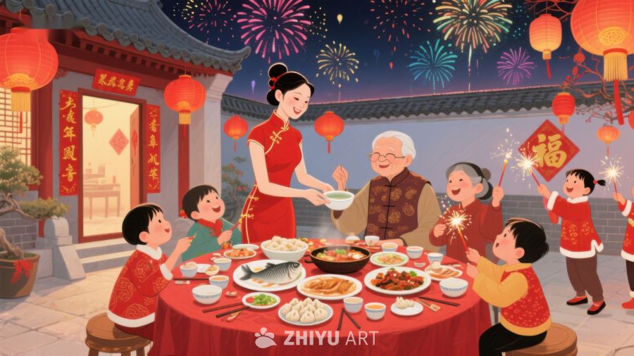 家庭共聚年夜饭，烟花绽放迎新春 445