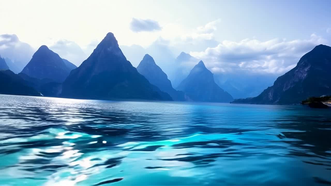 广阔的海面与雄伟的山脉交汇，画面从左向右缓慢移动，