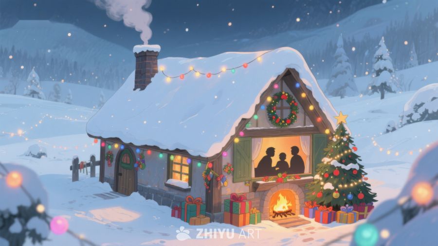 雪夜温馨小屋，家人围炉共度圣诞 414