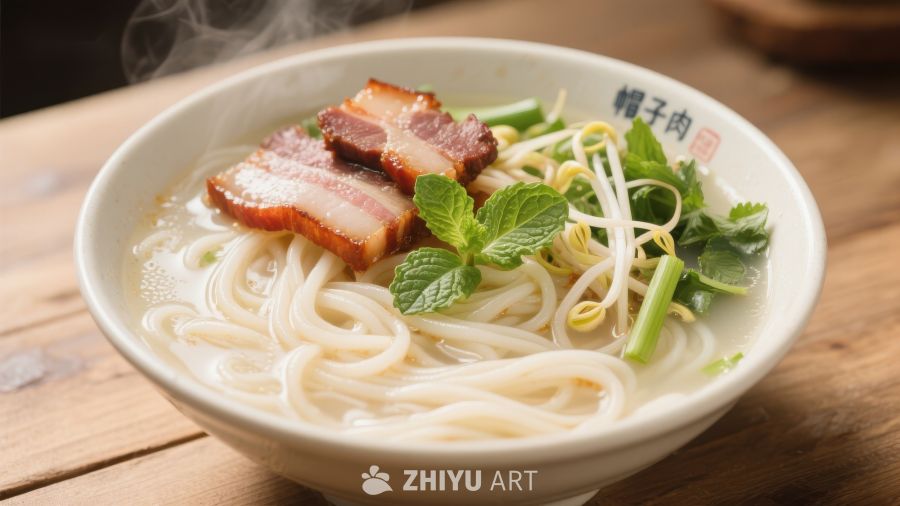 热腾腾的面条配叉烧和豆芽