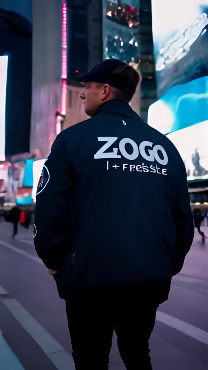 一个人穿着一件黑色夹克，夹克左侧有白色文字ZOGO