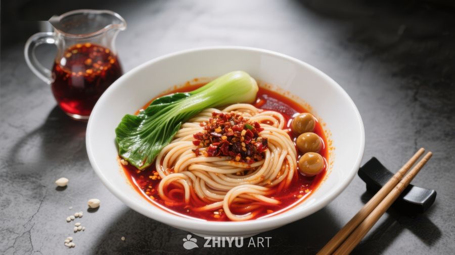 麻辣面条配青菜和花生