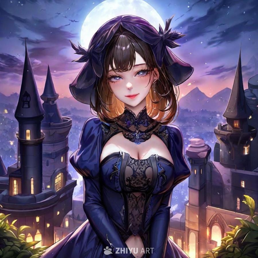 画面中呈现一位女性，她戴着一顶宽大的帽子，帽子上有