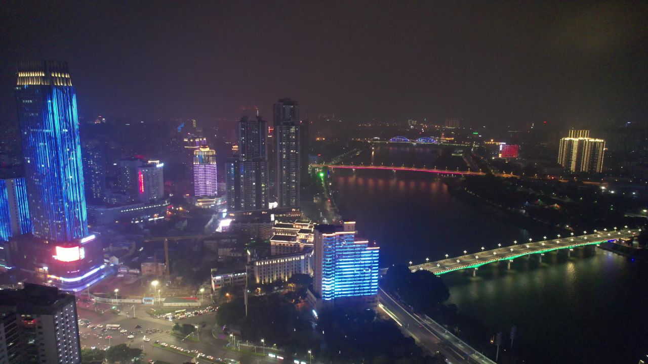 南宁城市夜景交通航拍 