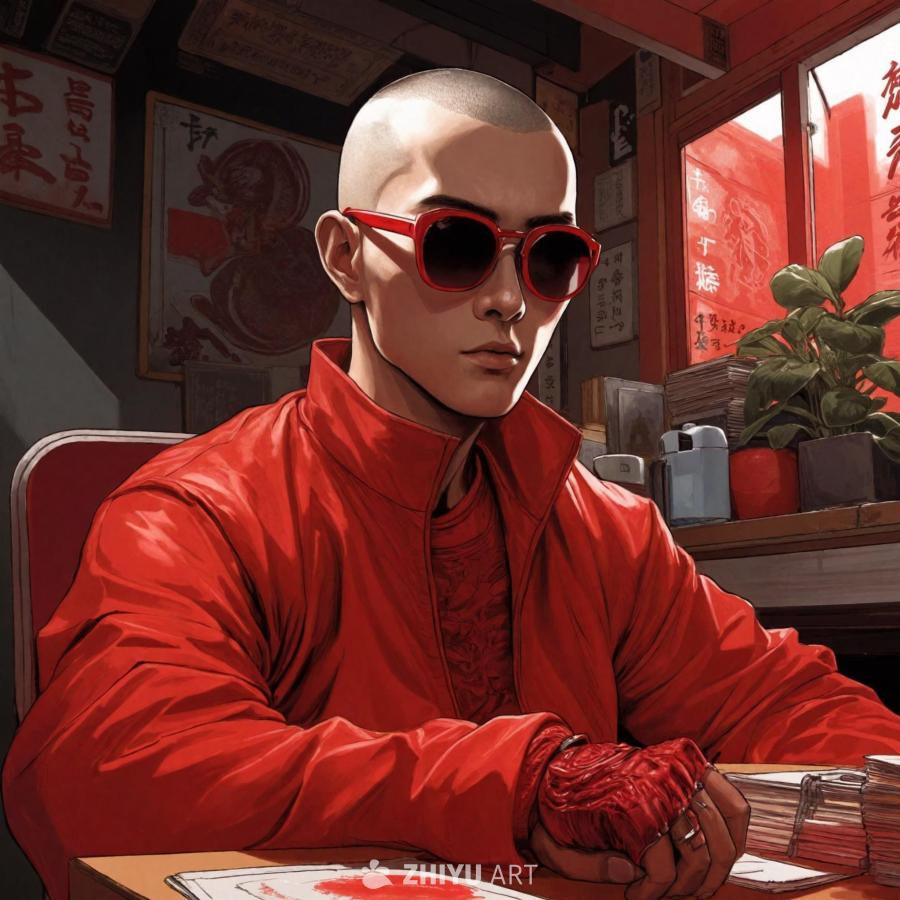 一个留着寸头的中国男人，穿着红色外套，戴着太阳镜，