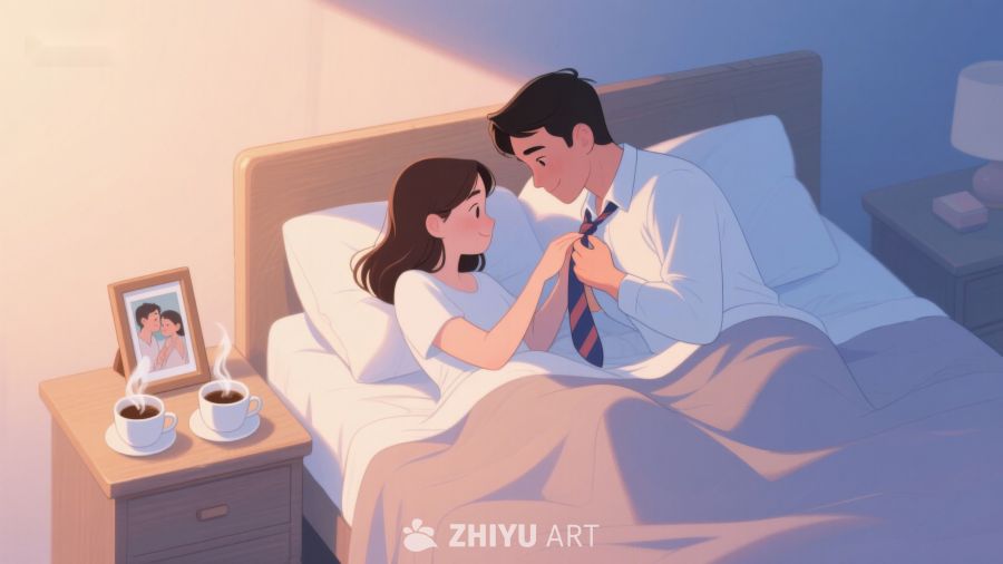 温馨床头，妻子为丈夫整理领带 413