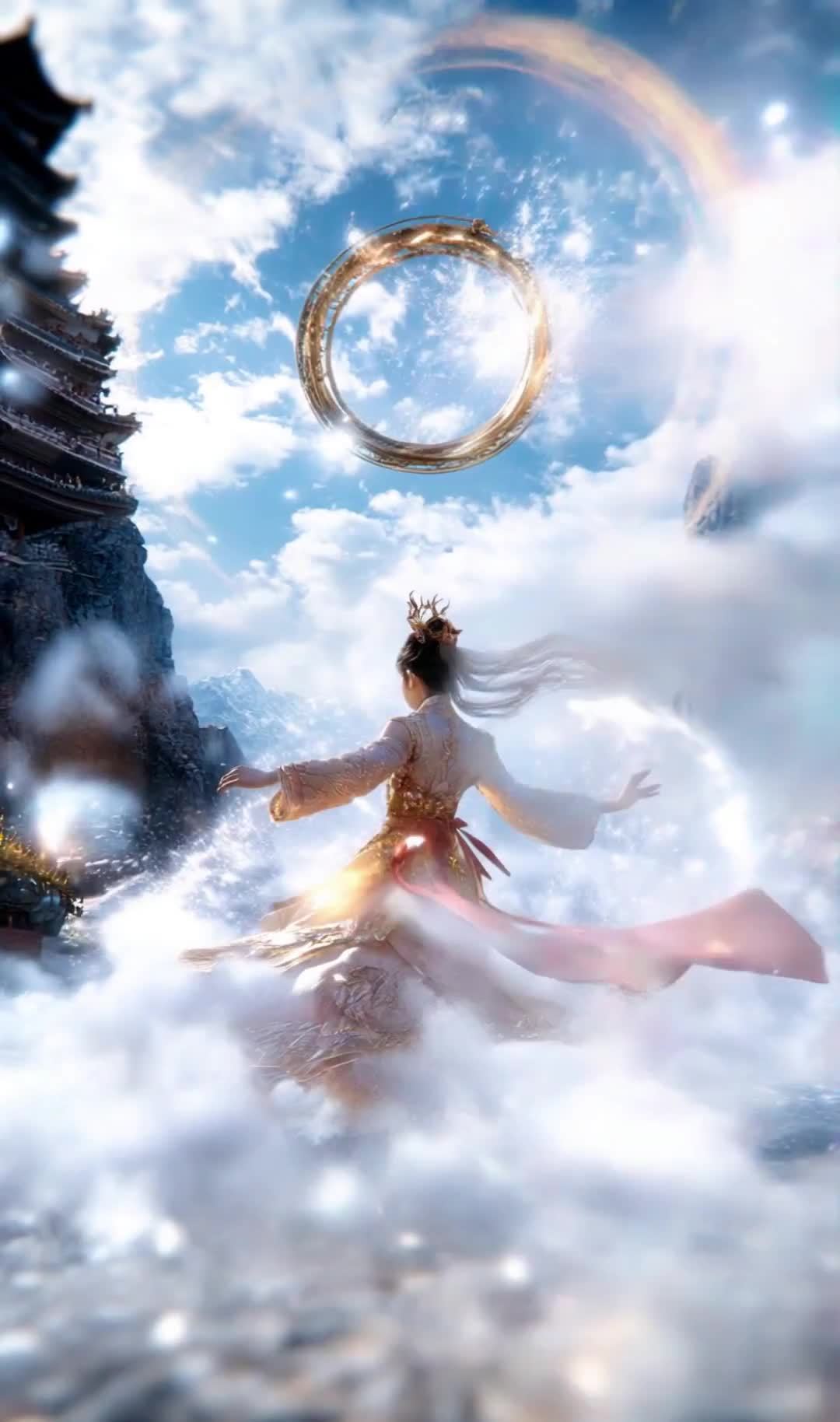 仙女立于云雾雪山之巅，金色光环悬于天际