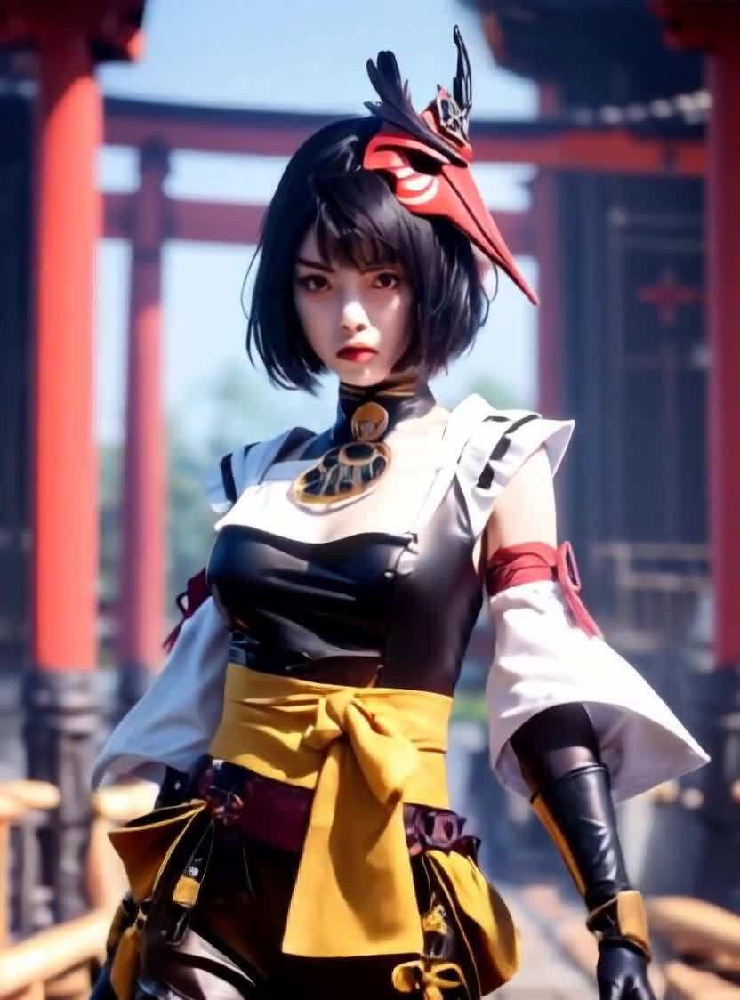 一位身穿黑色、白色和黄色服饰的女性站在室外场景中，