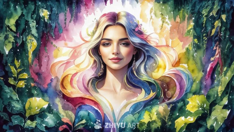 一幅水彩画，画中是一位美丽的自然女性，周围环绕着绿