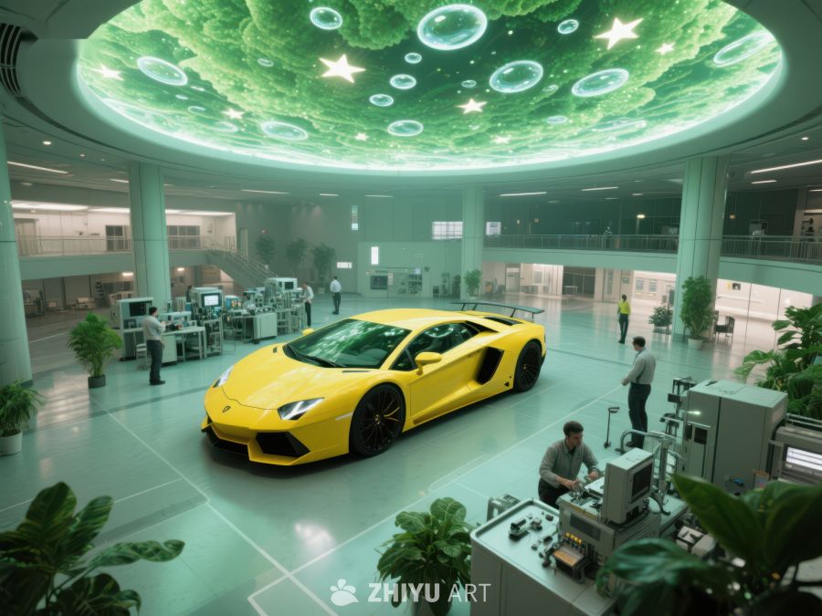 黄色跑车在科技感工厂内展示 163