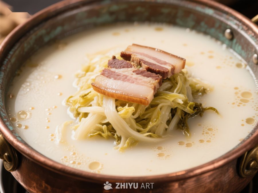 白菜肉片汤，铜锅盛装 4