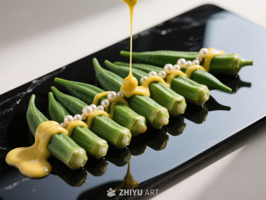 秋葵配珍珠酱，精致摆盘 1282
