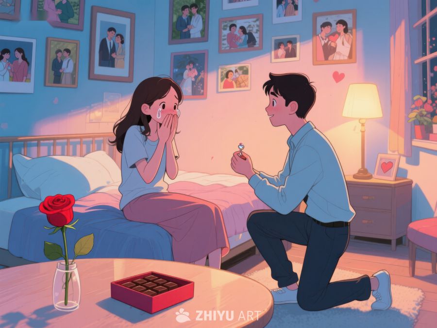 温馨求婚场景，男子单膝跪地献戒指 766