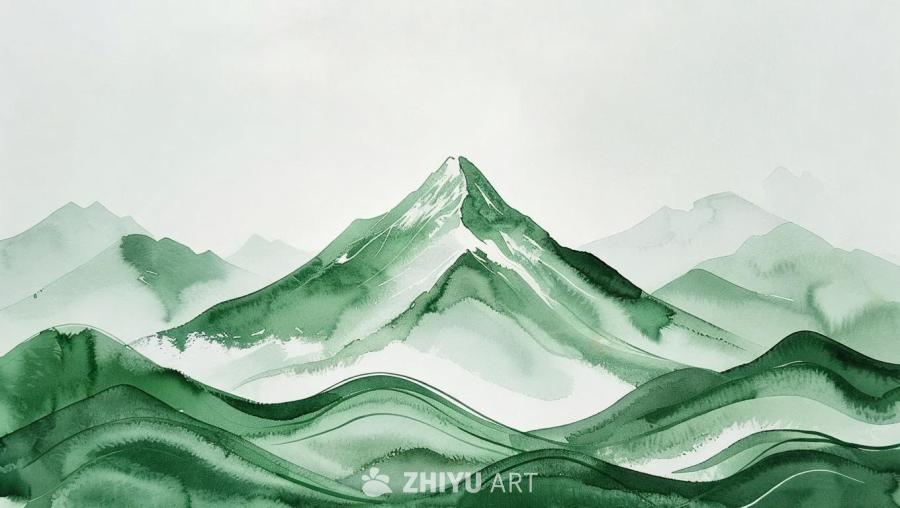 画面中心位置绘有一座小型、圆润的山峰，山峰线条柔和