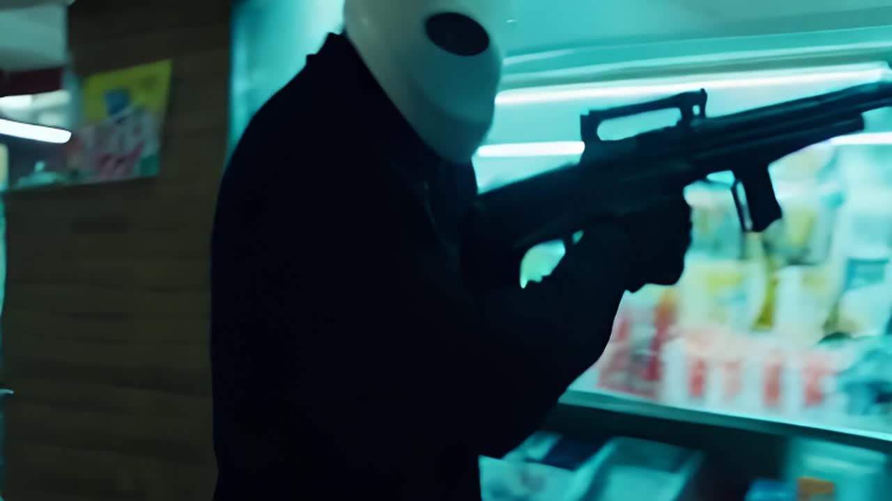 一个戴着白色冰球面具，身穿黑色服装的男子手持AK4