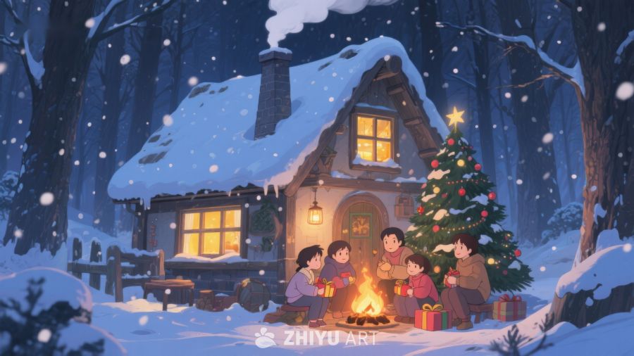 冬夜雪林中的温馨篝火聚会 110