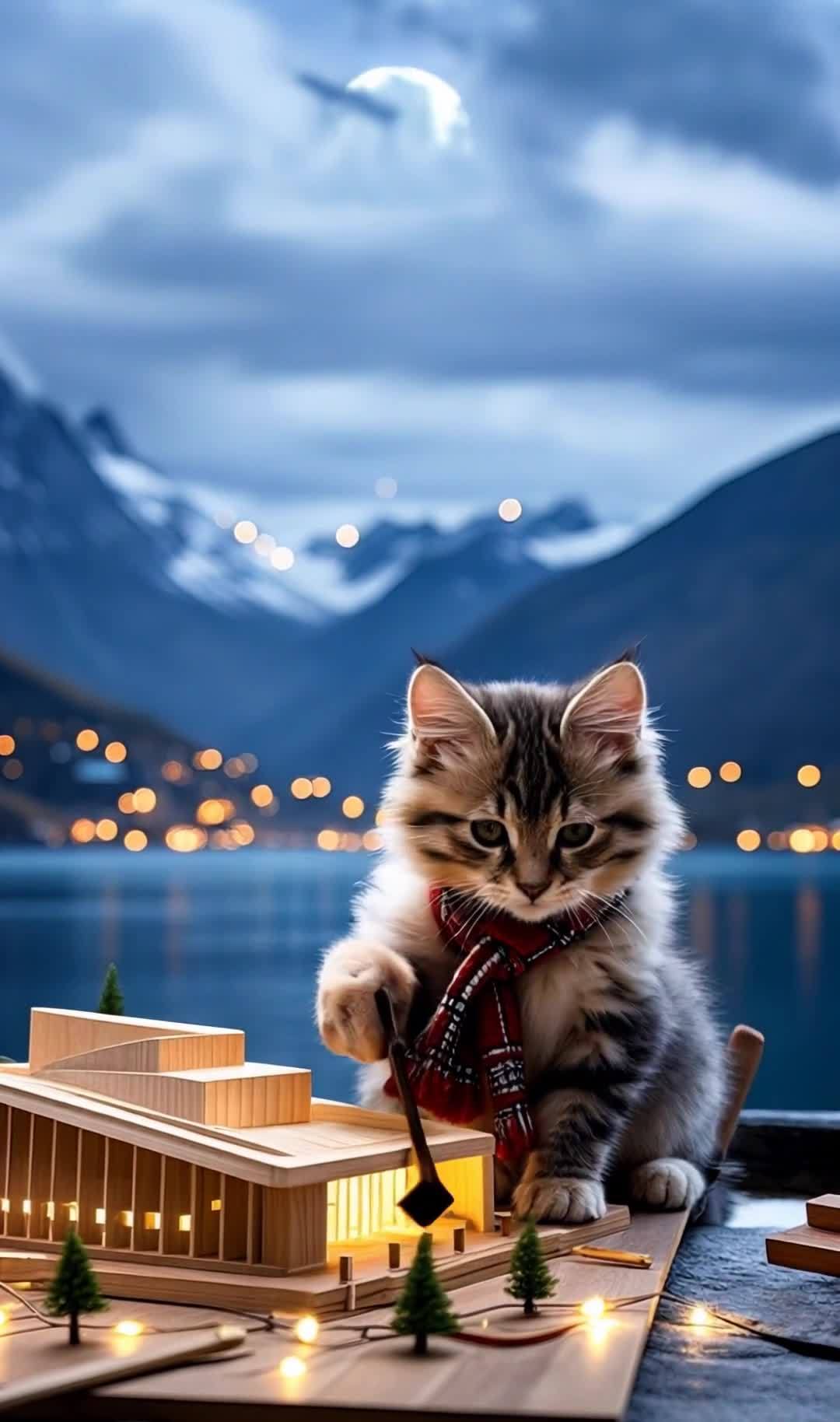 戴红围巾猫咪举锤，夜景下制作建筑模型