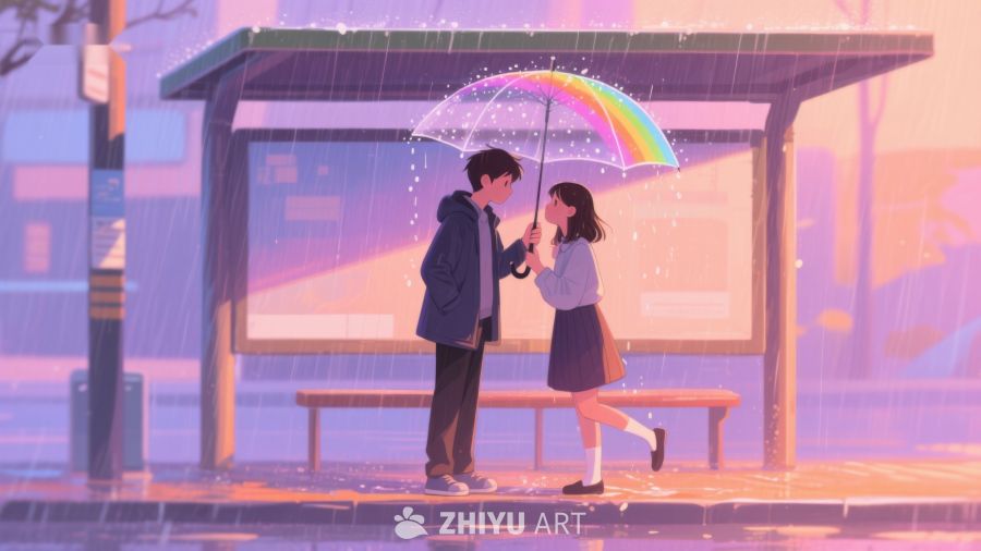 雨中彩虹伞下的温馨瞬间 629