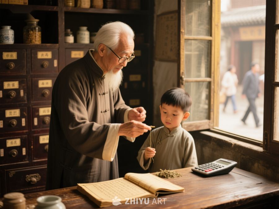 老者与孩童在中药铺学习 243