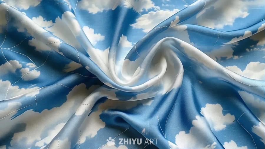 一块印有天空图案的布料，天空呈蓝色，上面有白色的云