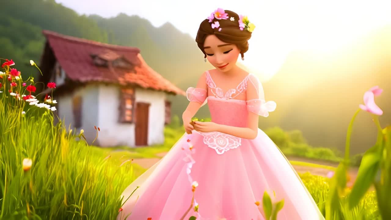 一个身穿淡粉色连衣裙的卡通少女站在草地上，她的头发