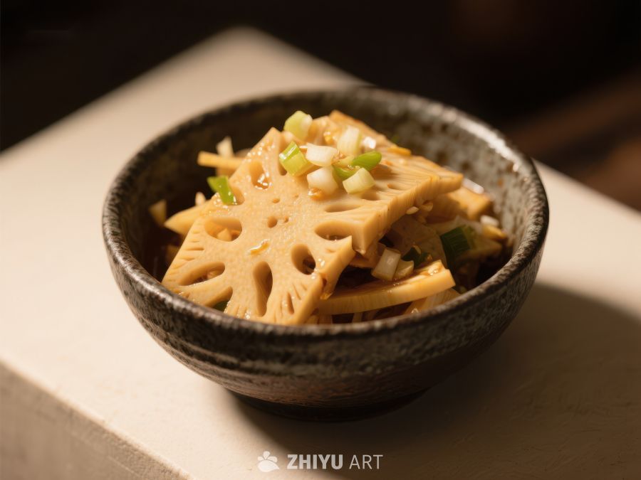 莲藕片配葱花，盛于陶瓷碗中 812