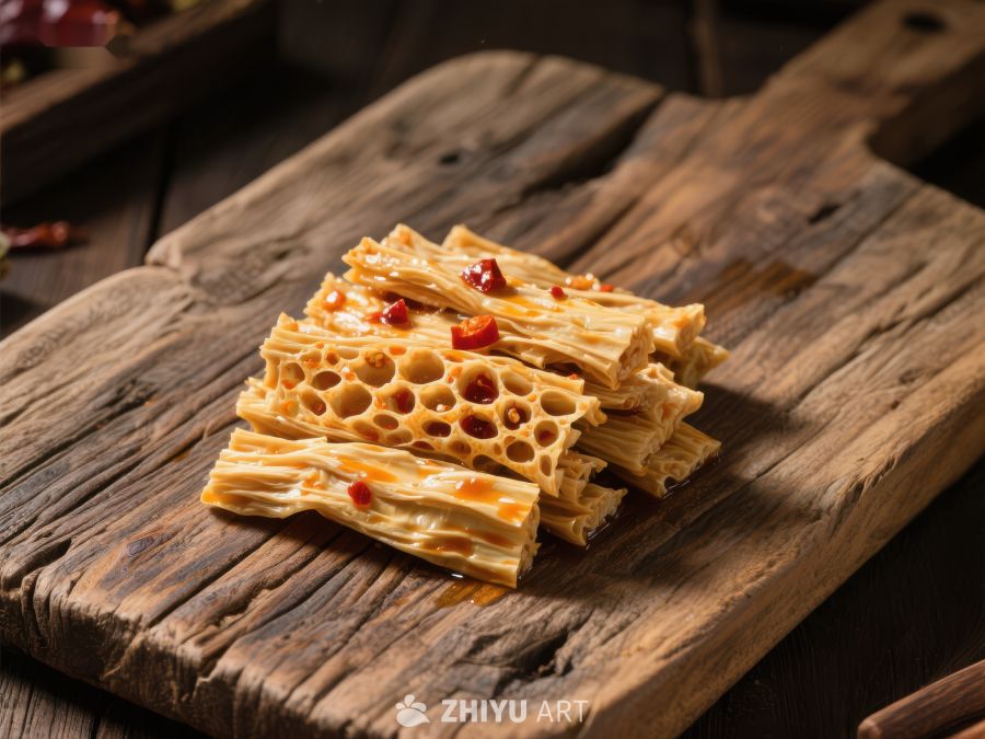 香辣蜂巢糕点，木质砧板上的美味 1566