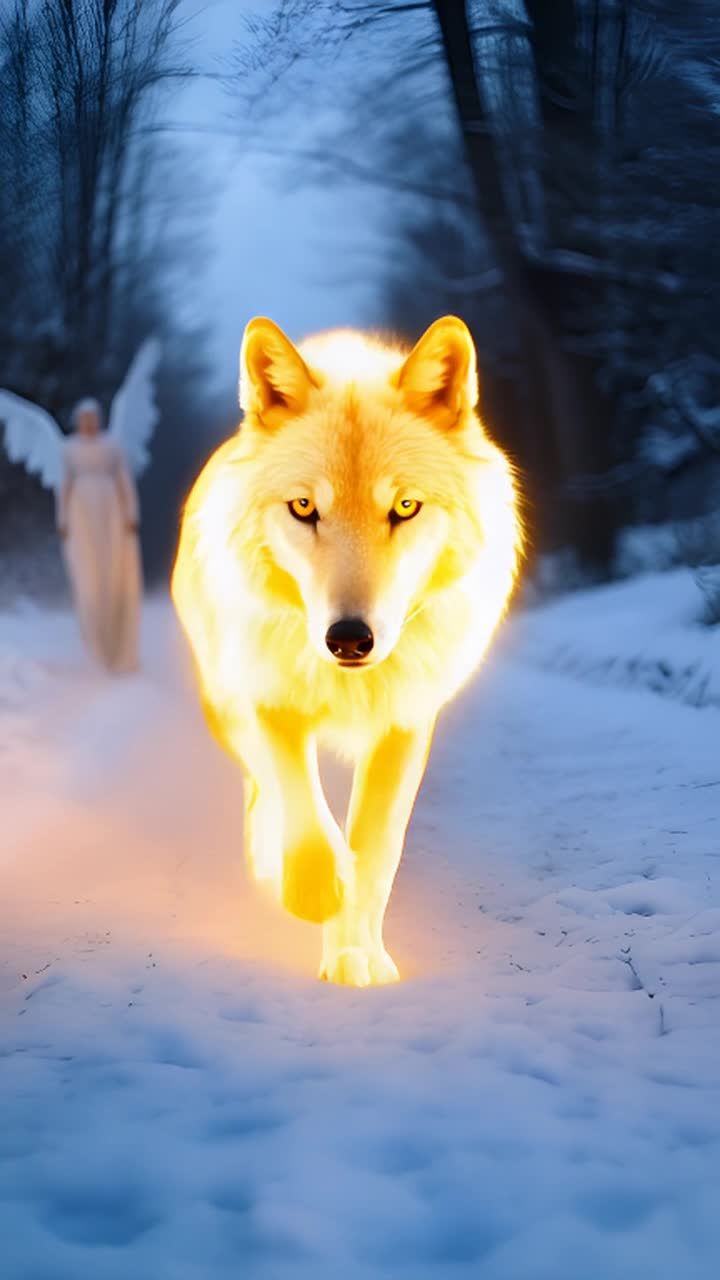 雪地上有一只发光的金色狼，它正优雅地行走着。它的眼