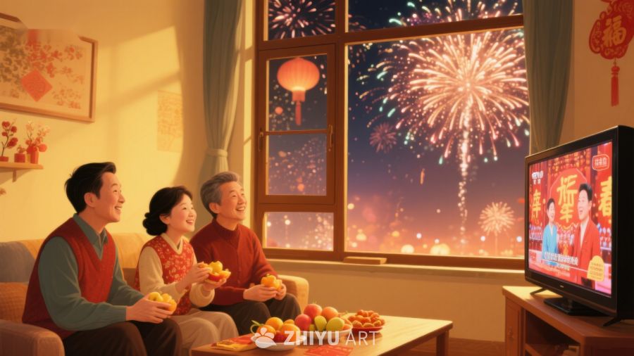 家人围坐观看烟花庆祝节日 436