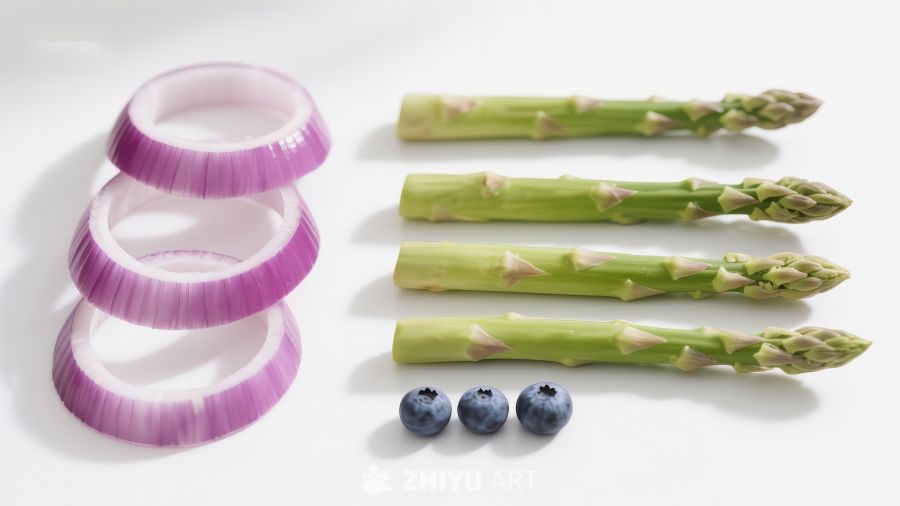 新鲜蔬菜组合：洋葱圈、芦笋与蓝莓