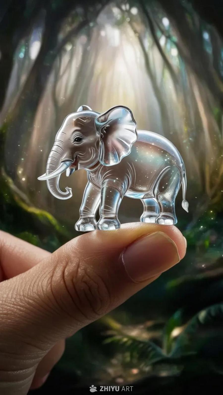 一只透明的微型大象站在一个人类的拇指上。大象体型很