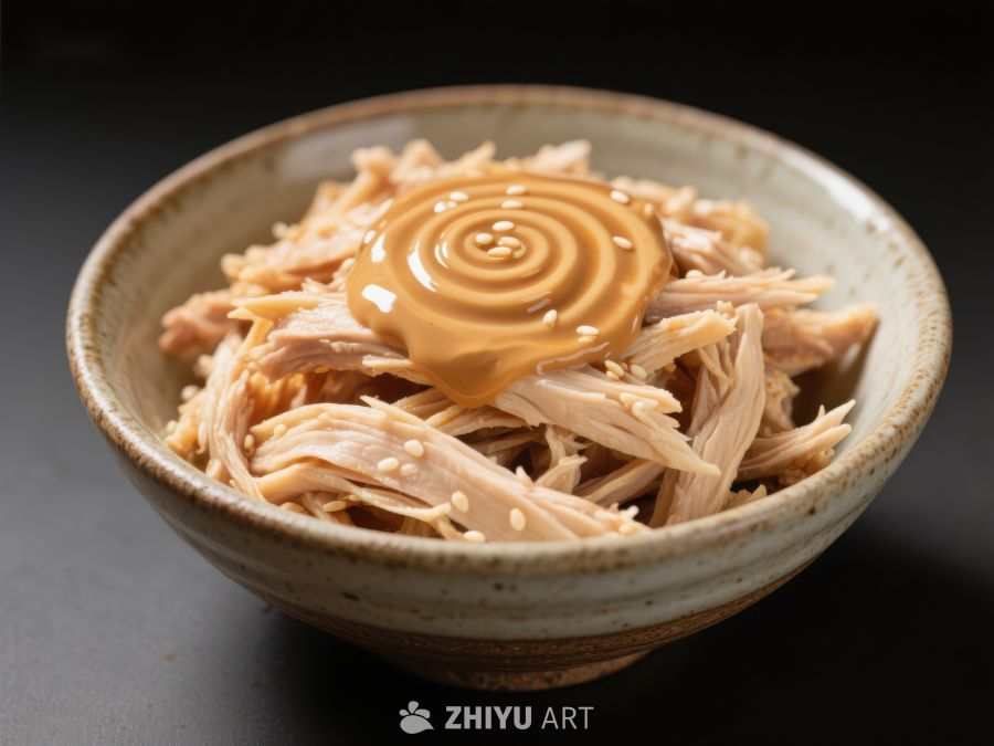 碗中淋有酱汁的撕碎鸡肉 1497