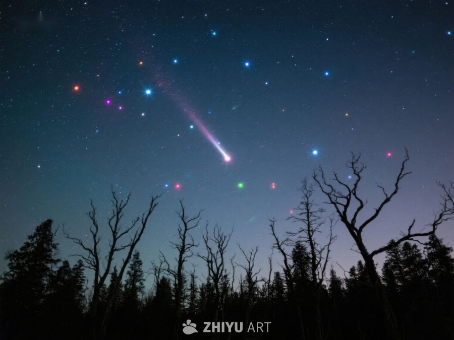 夜空流星划过，树木剪影相伴 259