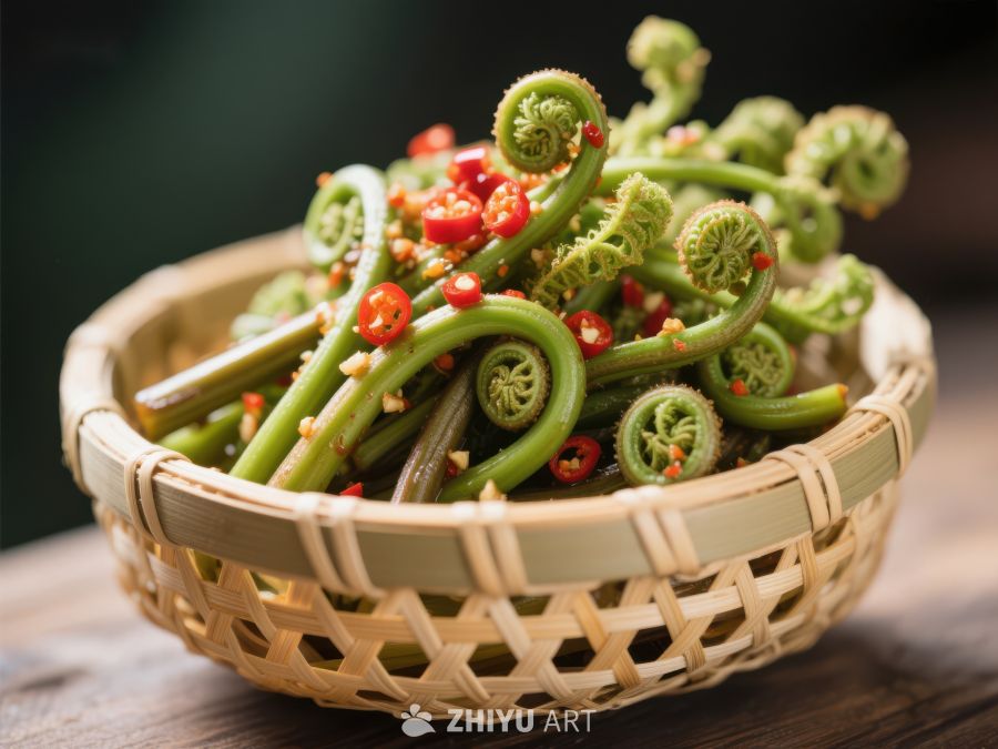 竹篮中的新鲜蕨菜与红椒 1824