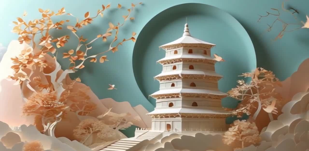 画面呈现一座多层白色宝塔，宝塔位于白色台阶之上，周