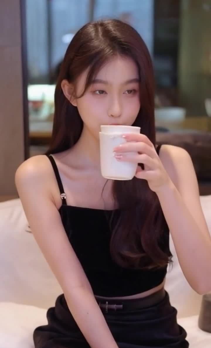 室内女子手持杯子，黑吊带黑裤，长发看向镜头。