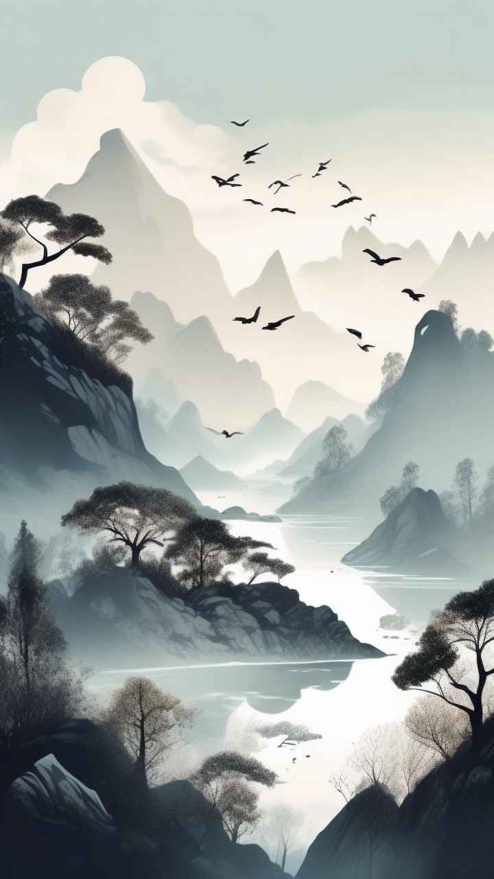 国风水彩画山水风景插画 64