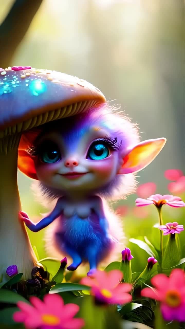 一个充满鲜花的魔法花园里，一个可爱的小精灵藏在一颗