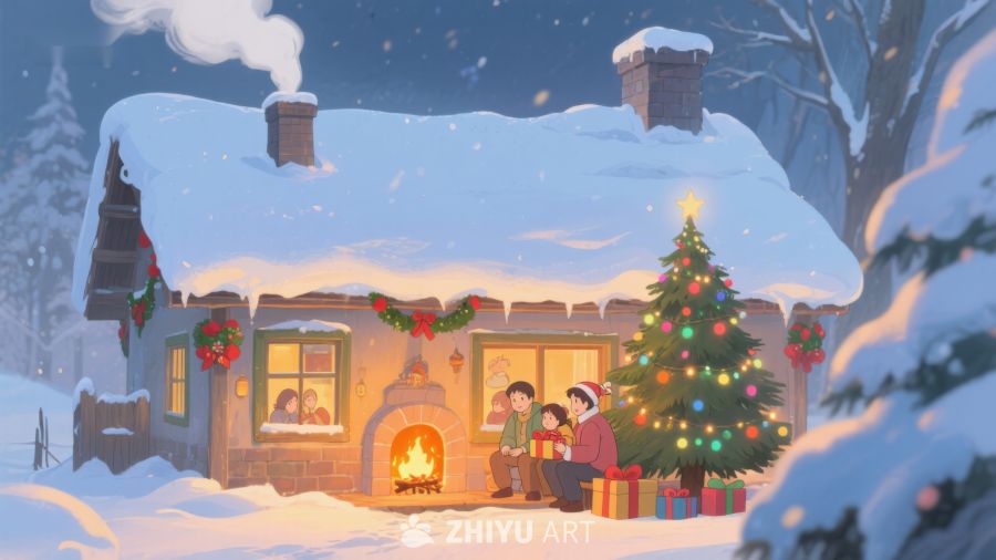 雪夜温馨小屋，家人共度圣诞 428