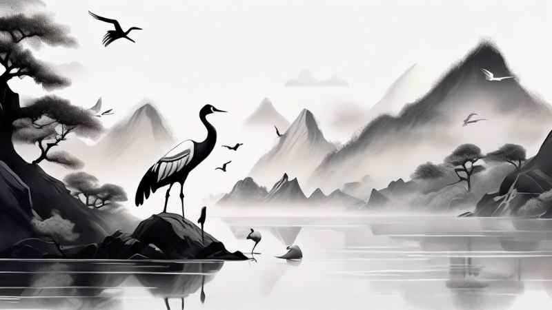 国风山水鹤插画背景 32