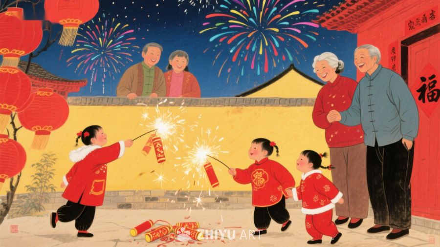 春节夜景：家人欢聚放烟花 138